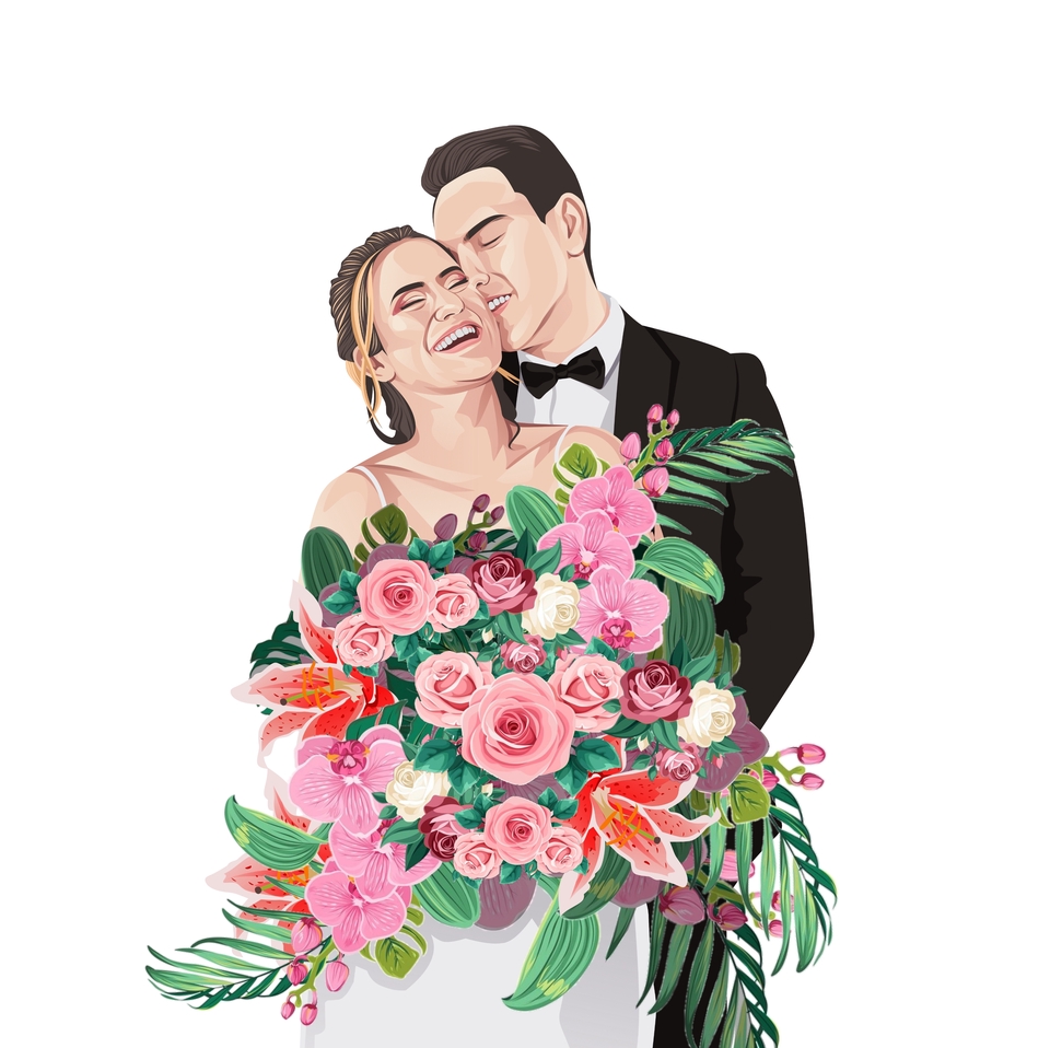 Jasa desain vektor karikatur wajah pengantin untuk dekorasi pernikahan, layanan freelance.