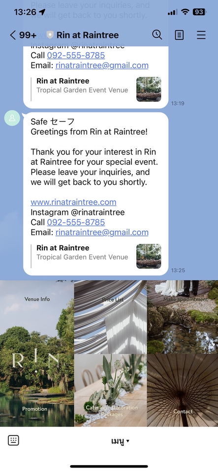 แชทบอท facebook สำหรับติดต่อ Rin at Raintree ร้านอาหารและสถานที่จัดงานอีเว้นท์ แสดงข้อมูลติดต่อ, เว็บไซต์, และช่องทางอื่นๆ สร้างแชทบอท เพื่อความสะดวกในการติดต่อและสอบถามข้อมูล บริการ chatbot, แชทบอท, รับทำ chatbot