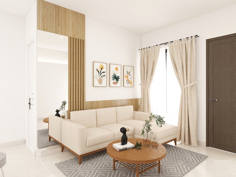 Desain interior ruang tamu minimalis modern dengan sofa putih dan dekorasi tanaman hijau, jasa desain interior rumah dan apartemen 3D.