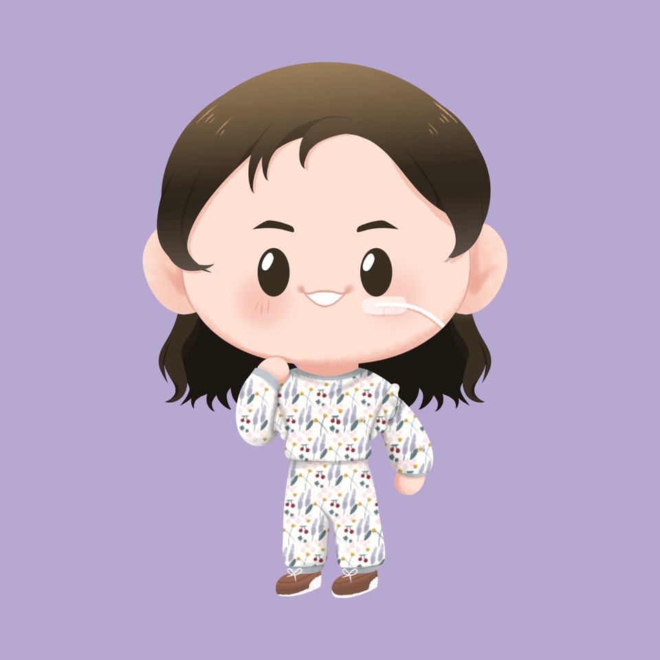 Jasa ilustrasi kartun lucu seorang wanita berpakaian pajamas sedang menggosok gigi