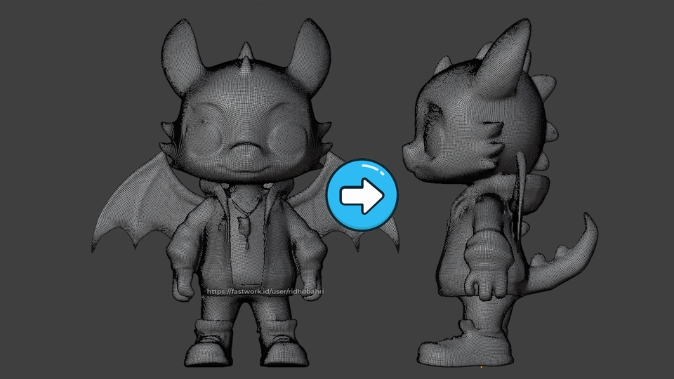 Jasa desain 3D model karakter kartun naga, desain figur 3D, model 3D karakter.