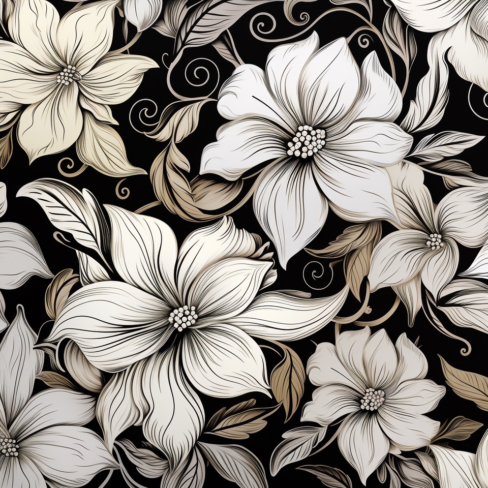 รับวาดภาพประกอบดอกไม้สีขาวดำ  Digital Painting สวยงาม
