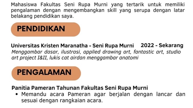 Jasa pembuatan CV unik dan menarik untuk mahasiswa Seni Rupa Murmni dengan pengalaman desain portofolio.