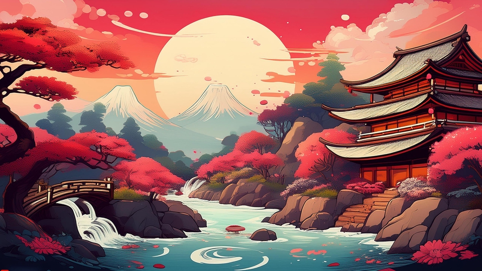 Ilustrasi pemandangan alam dengan gunung dan bangunan tradisional Jepang, cocok untuk kebutuhan ilustrasi digital, jasa desain, dan gambar.