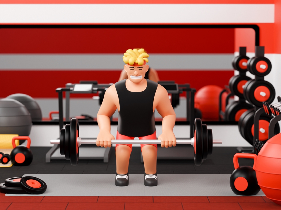 Ilustrasi kartun seorang pria berolahraga di gym dengan mengangkat beban barbell