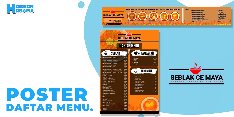 Desain poster daftar menu makanan Seblak Ce Maya untuk cafe atau restoran dengan desain yang menarik dan profesional.