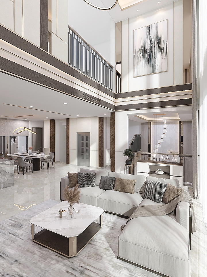 Jasa Desain Interior Rumah Mewah dengan Gaya Modern Minimalis dan Sofa Putih - 3D Rendering