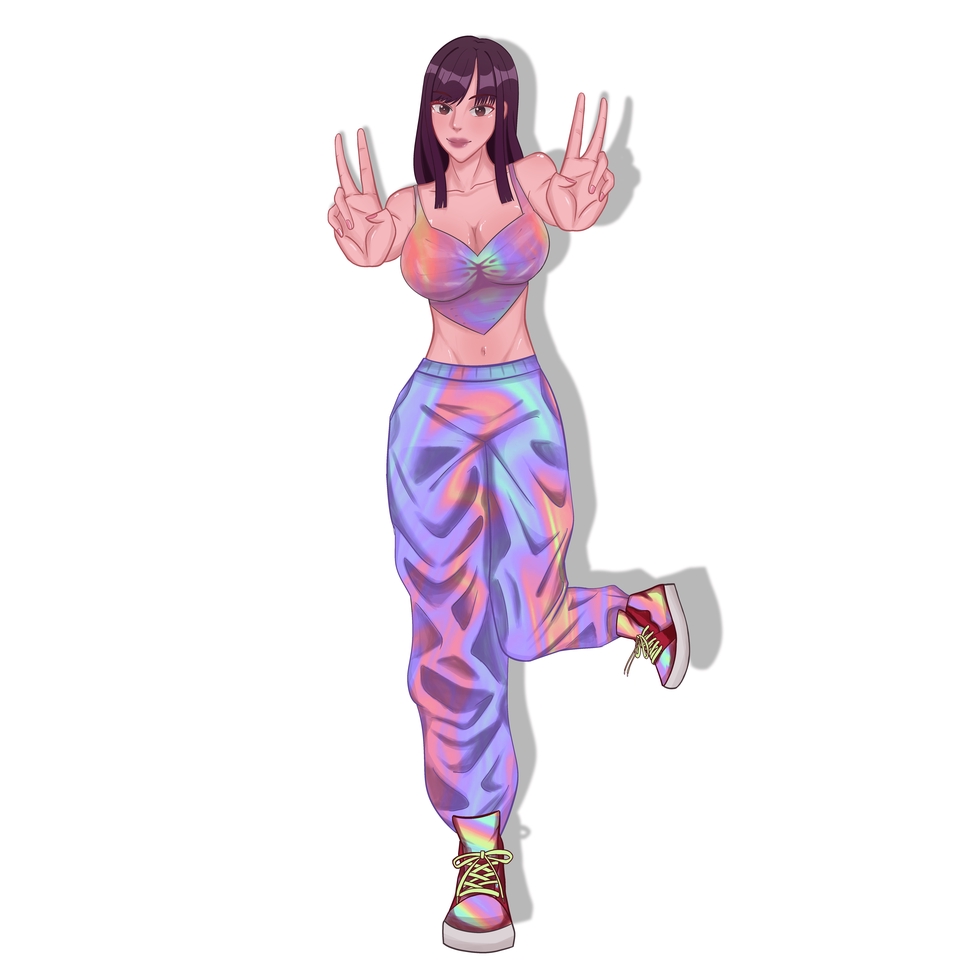 Jasa desain karakter vtuber perempuan dengan rambut hitam dan pakaian holografik berwarna biru, merah muda, dan ungu. Desain karakter anime dengan gaya unik dan detail yang rapi.