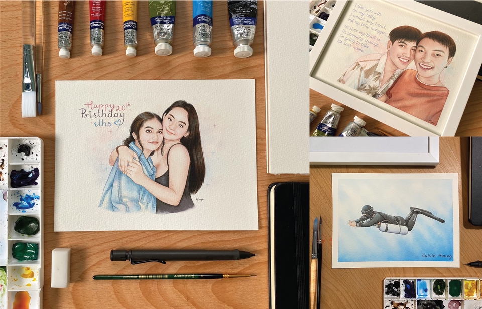 วาดภาพเหมือน Portrait - รับวาดภาพเหมือนสีน้ำ (คน/สัตว์/สิ่งของ/วิว) เริ่มต้น 500 บาท - 3