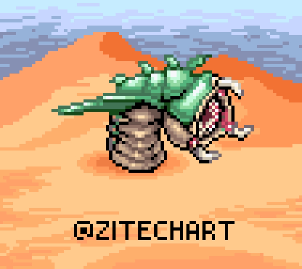 Ilustrasi monster dengan mulut terbuka di padang pasir. Jasa ilustrasi monster, jasa desain ilustrasi monster, ilustrasi makhluk, ilustrasi alien.