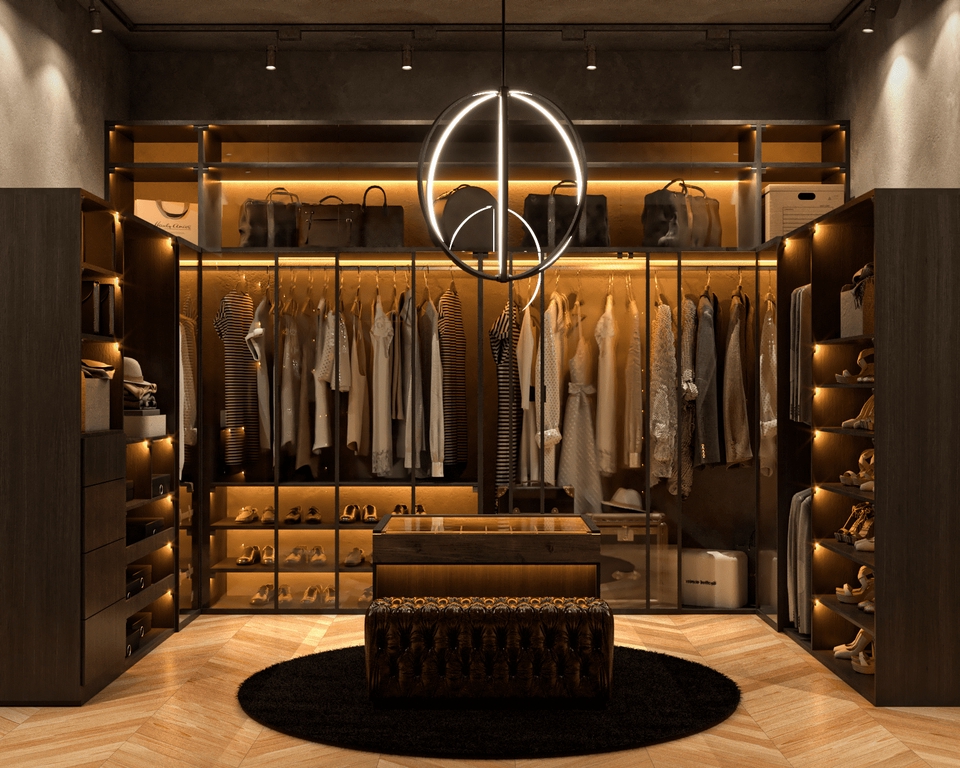 Jasa desain interior 3d untuk ruang walk in closet minimalis dengan lemari dan lampu gantung.
