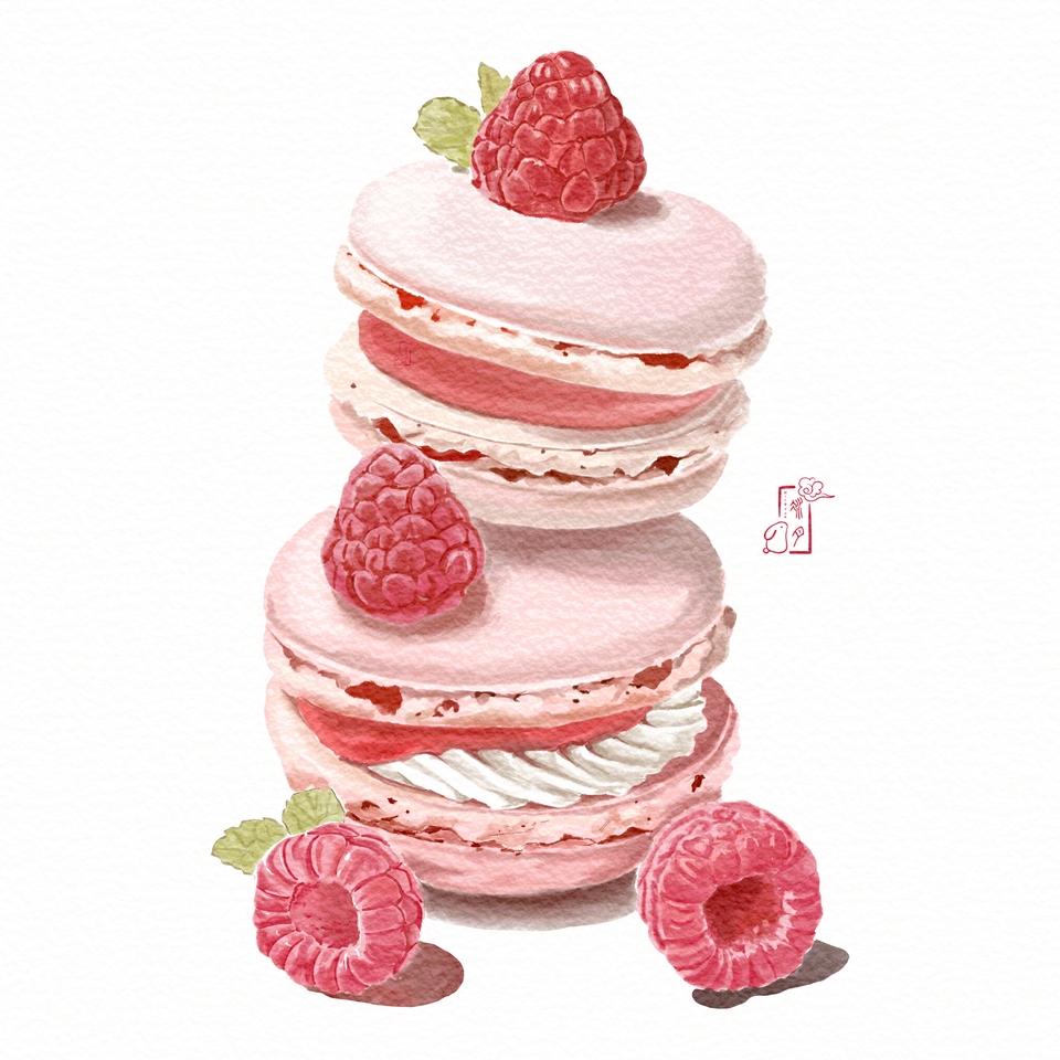 วาดภาพประกอบขนมมาการองราสเบอร์รี่น่ารัก สีชมพูหวาน รับวาดภาพดิจิตอลเพ้นท์