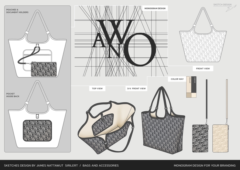 วาด/ออกแบบแพทเทิร์นเสื้อผ้า - รับออกแบบกระเป๋า / ลวดลายบนกระเป๋า Monogram ( Bags Design Accessory / Flat Sketches ) - 7