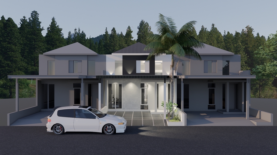 Jasa desain eksterior 3d rumah minimalis modern dengan taman dan carport.
