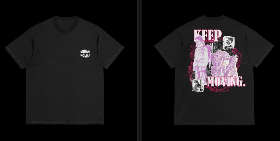 Desain kaos custom dengan motif keren dan tulisan "Keep Moving" untuk pria.