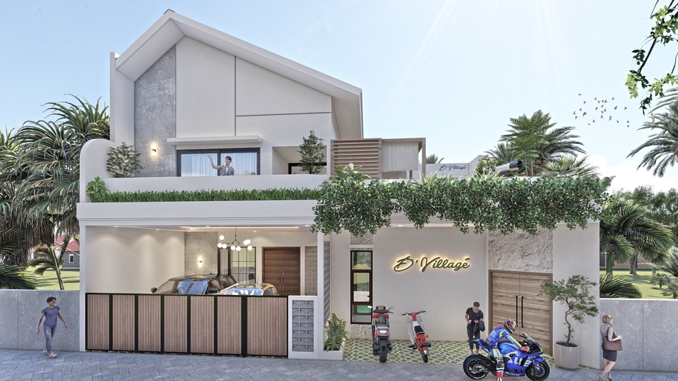 Jasa desain exterior 3d rumah minimalis modern dengan taman hijau dan halaman depan yang luas.