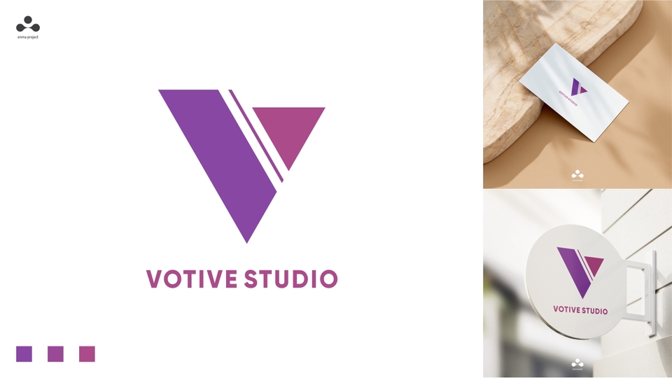 Desain logo dengan huruf V berwarna ungu untuk studio desain