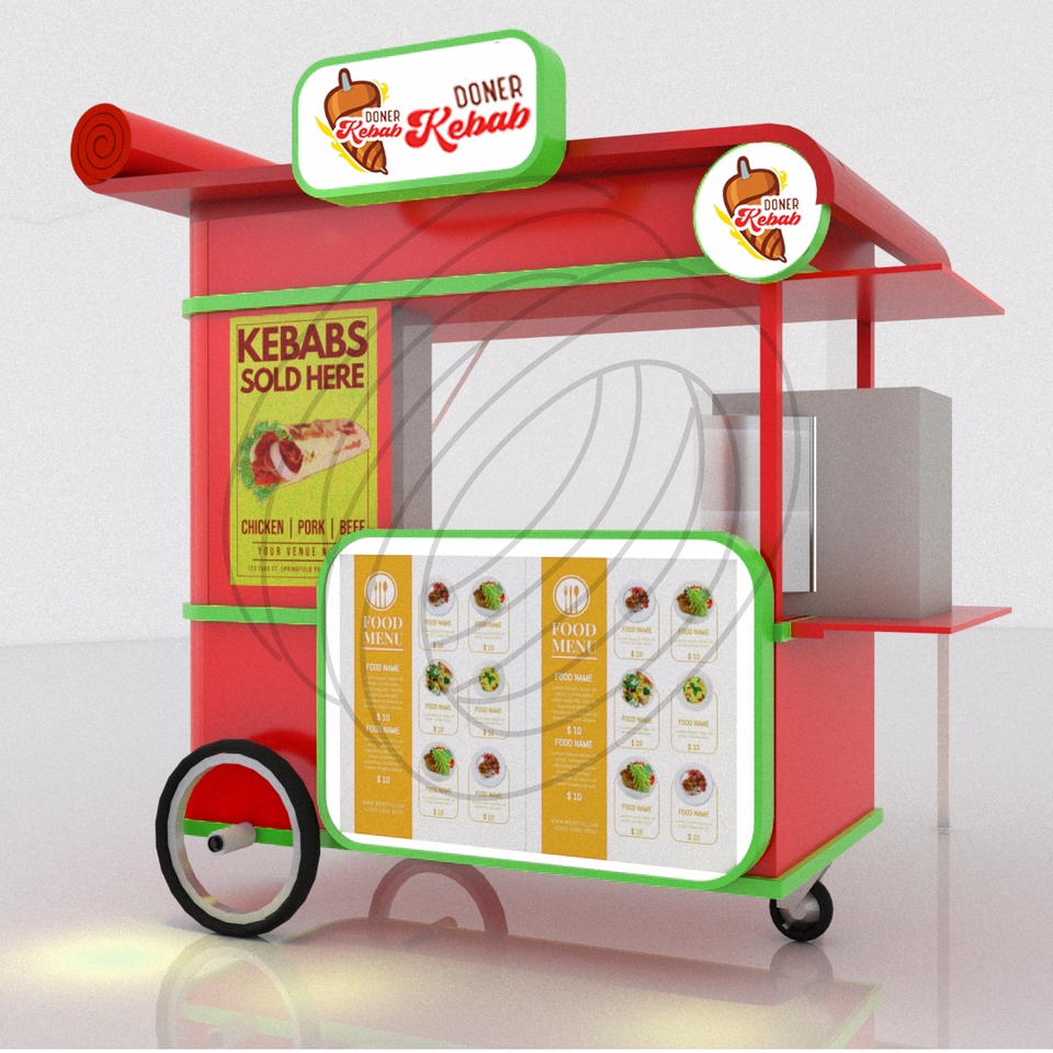 Desain 3D Gerobak Kebab untuk Usaha Kuliner - Jasa Desain 3D, Gambar 3D, Render 3D, Desain Kios, Desain Warung, Desain Interior Cafe, Freelance 3D, 3D Model, Desain Interior.