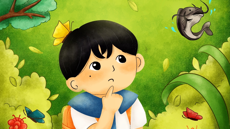 Ilustrasi kartun anak laki-laki dengan ilustrasi ikan lele di belakangnya. Ilustrasi ini cocok untuk buku cerita anak, poster, dan desain grafis lainnya.