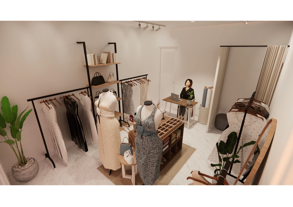 Desain lemari pakaian minimalis modern dengan rak buku dan meja kerja.