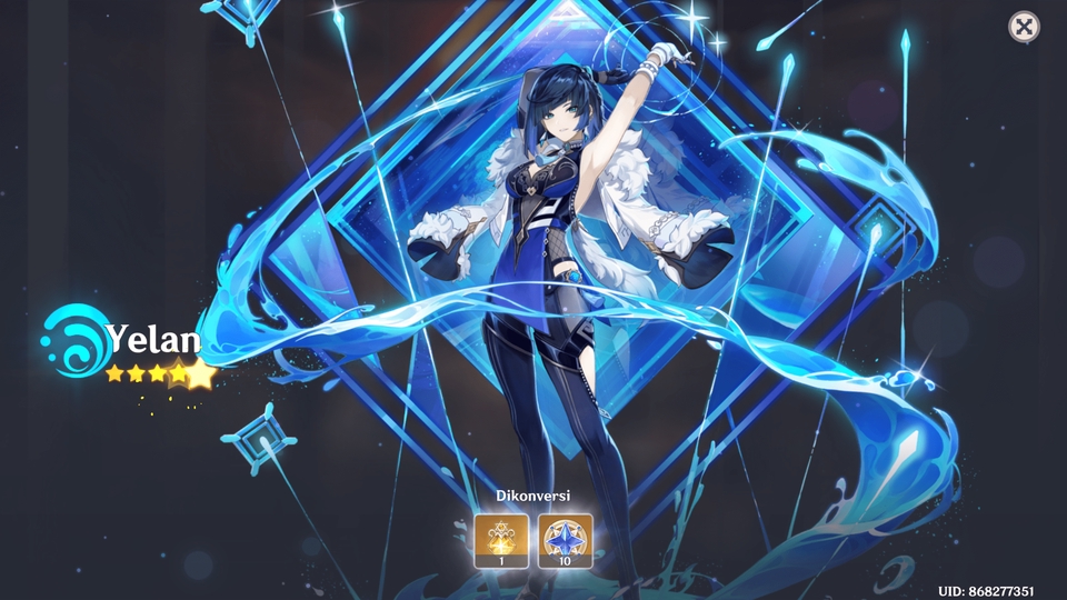 Yelan, karakter Genshin Impact, di game dengan efek elemen air dan animasi blue