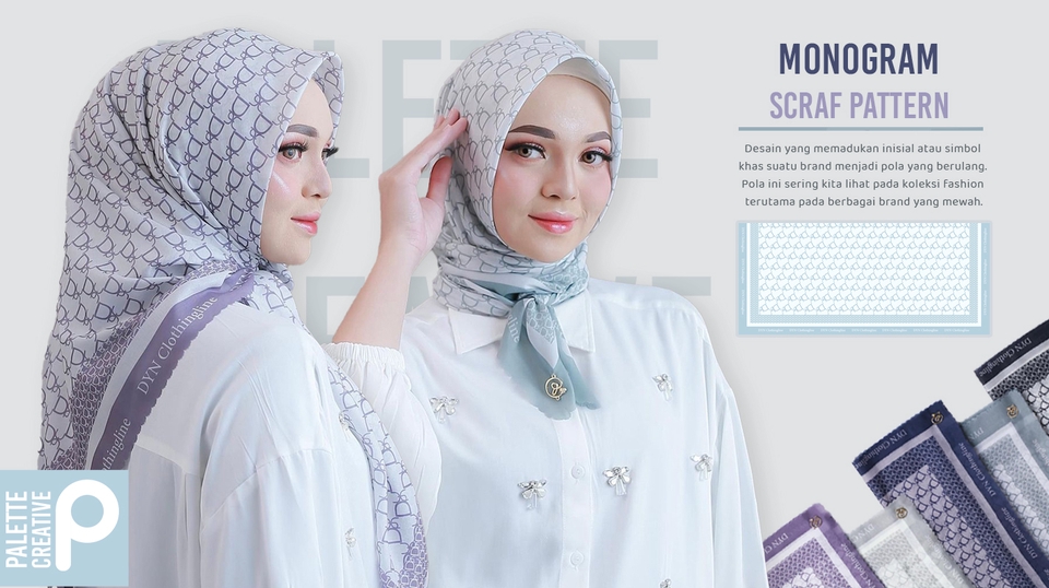 Desain scarf hijab monogram motif modern dengan warna biru muda, cocok untuk fashion hijab casual dan modern.