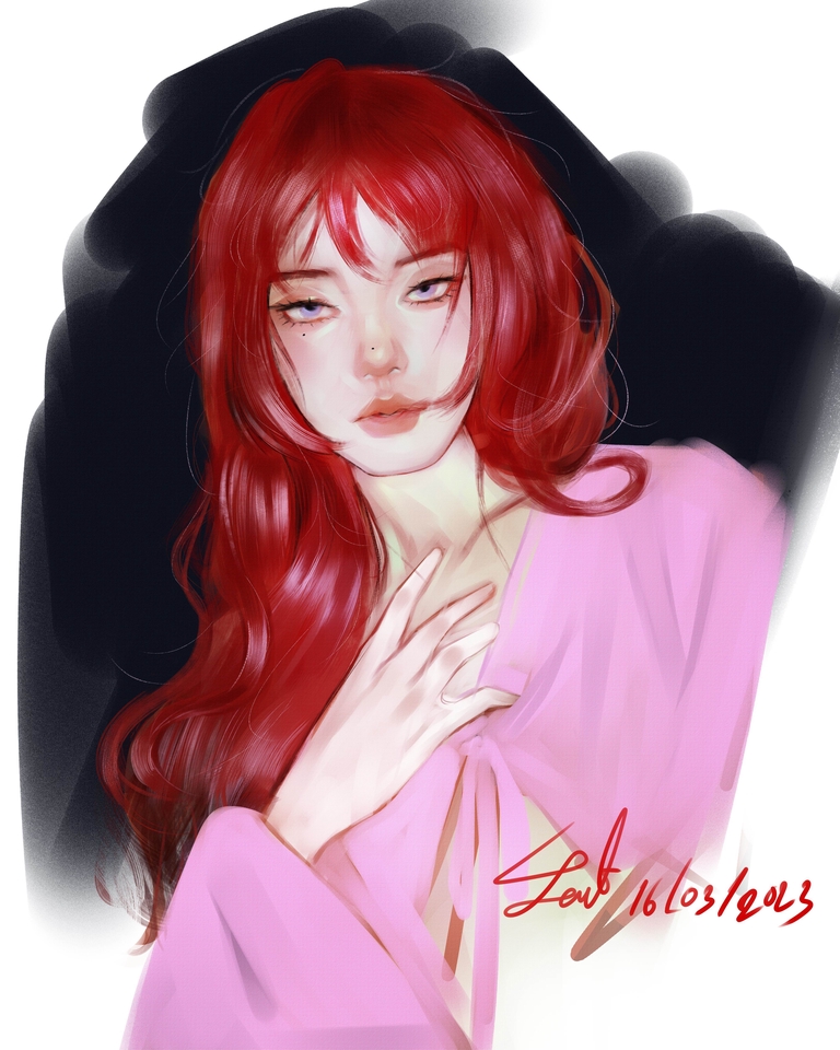 รับวาดภาพประกอบดิจิตอลเพ้นท์ ผู้หญิงผมแดง ใส่เสื้อสีชมพู