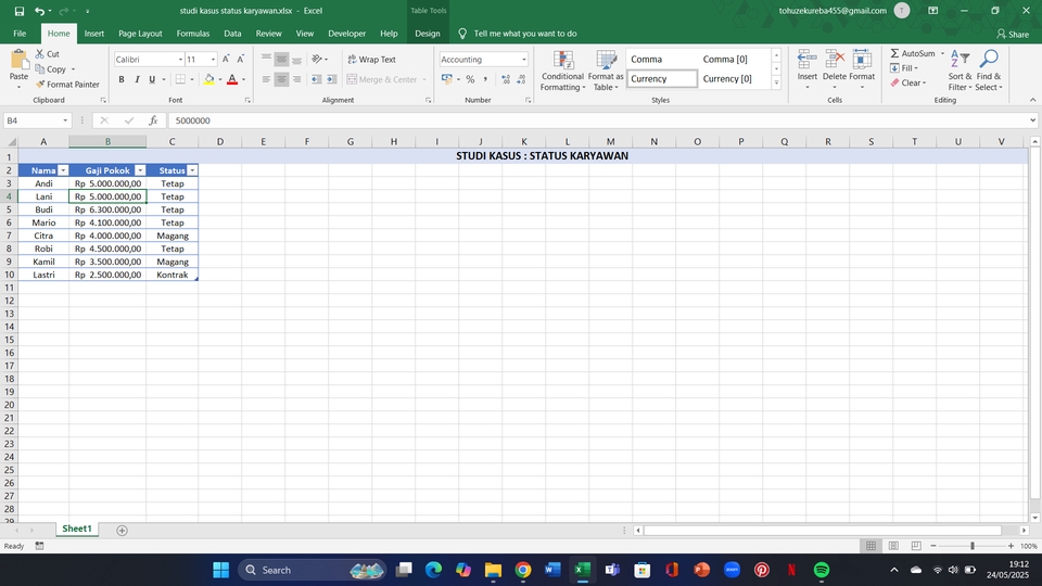 Jasa entry data excel freelance Indonesia: contoh data karyawan gaji dan status.