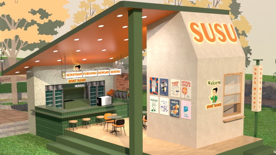 Desain 3D cafe minimalis susu dengan interior unik, jasa desain cafe minimalis dan modern, desain cafe murah