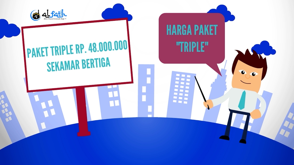 Jasa pembuatan video animasi 3D, ilustrasi karakter animasi  sedang menjelaskan harga paket triple