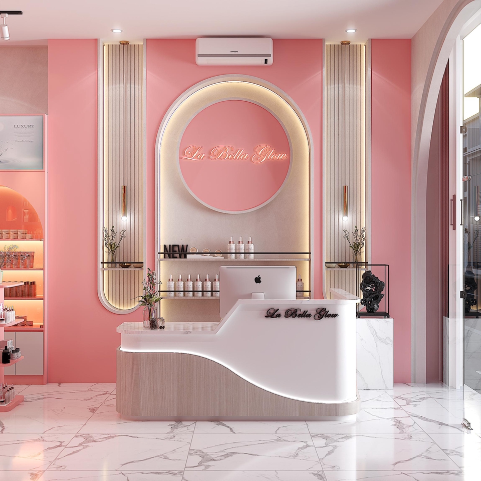 Desain Interior Toko Kosmetik La Bella Glow dengan Konsep Minimalis Modern, Desain 3D untuk Jasa Interior dan Arsitektur di Indonesia.