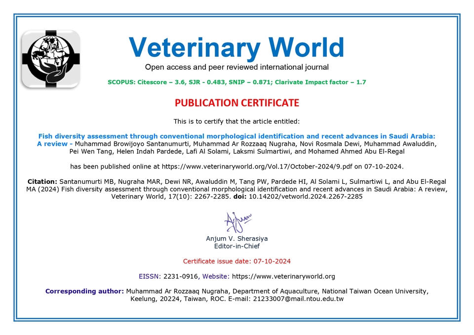 Sertifikat Publikasi Jurnal Veterinary World:  **Jasa Proofreading Jurnal**  dengan Judul: "Fish Diversity Assessment Through Conventional Morphological Identification and Recent Advances in Saudi Arabia".