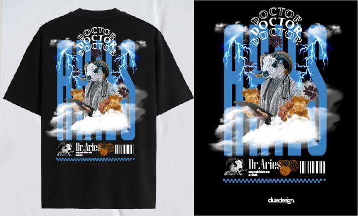 Desain kaos distro pria dengan motif kepala domba dan tulisan "Dr. Aries" cocok untuk desain kaos anak muda modern.