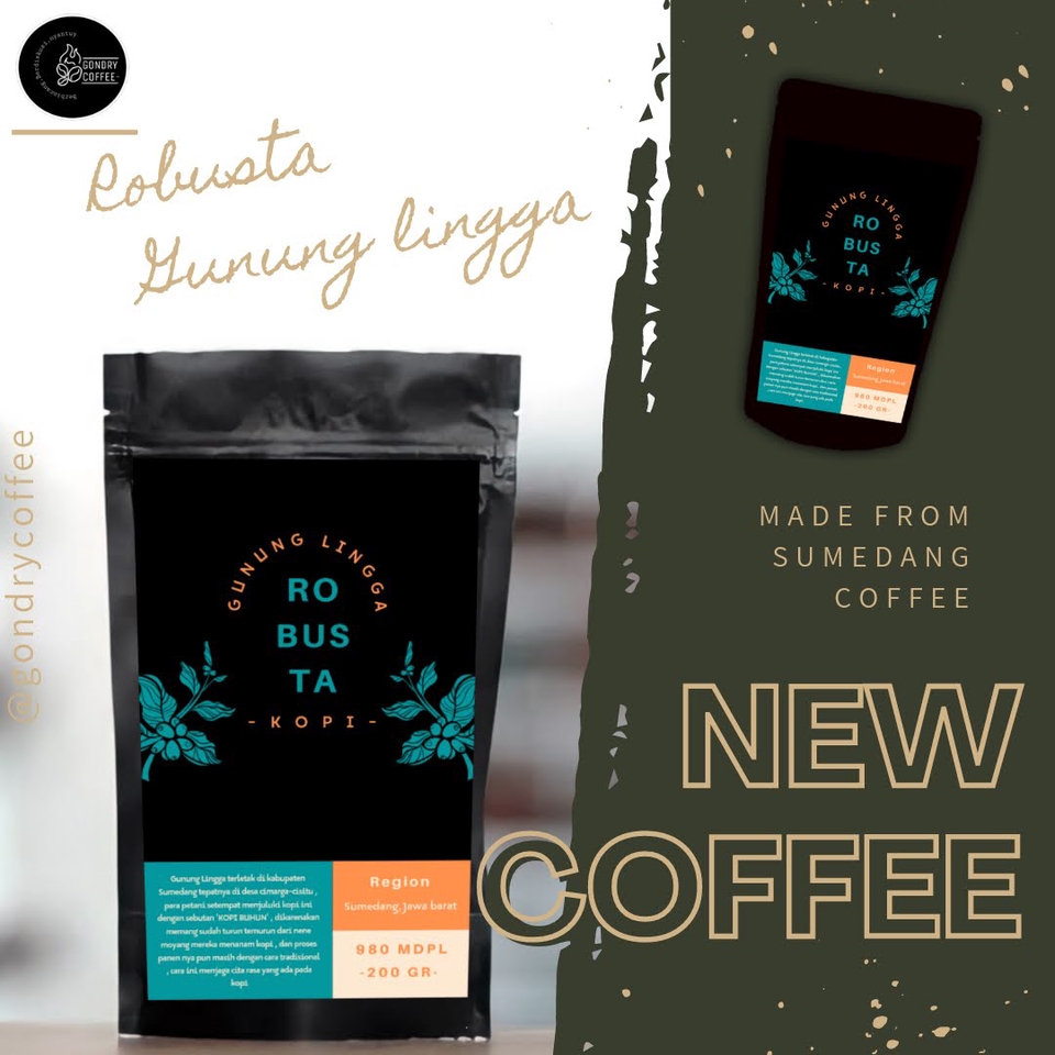 Desain logo kopi Robusta Gunung Linggar dengan warna biru dan oranye untuk cafe.