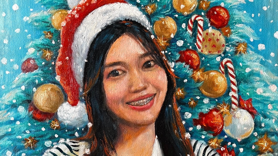 รับวาดภาพเหมือนสีน้ำมันสไตล์คริสต์มาส ภาพเหมือนหญิงสาวหน้าสวย วาดภาพเหมือนคน