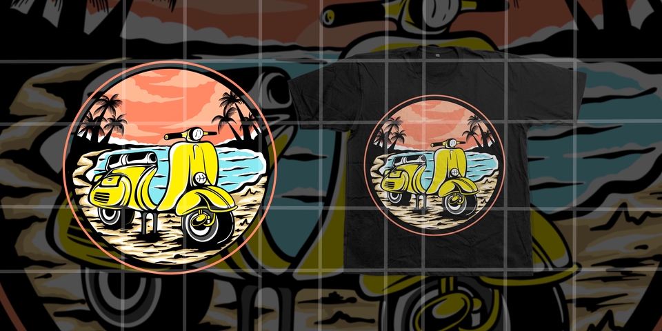 Desain kaos distro dengan gambar skuter kuning di pantai, cocok untuk desain kaos pria dan wanita, jasa desain kaos distro murah dan berkualitas.