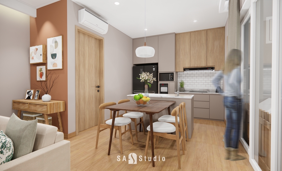 Desain interior ruang makan minimalis modern dengan kitchen set kayu, cocok untuk jasa desain interior rumah di Indonesia.