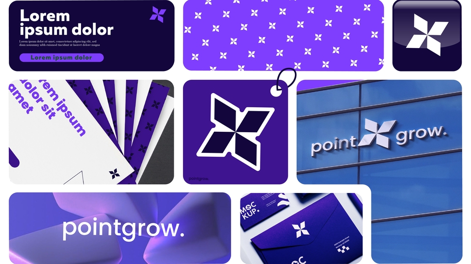 Desain logo perusahaan dengan warna ungu dan biru, menampilkan logo berbentuk bintang dengan 4 sudut.