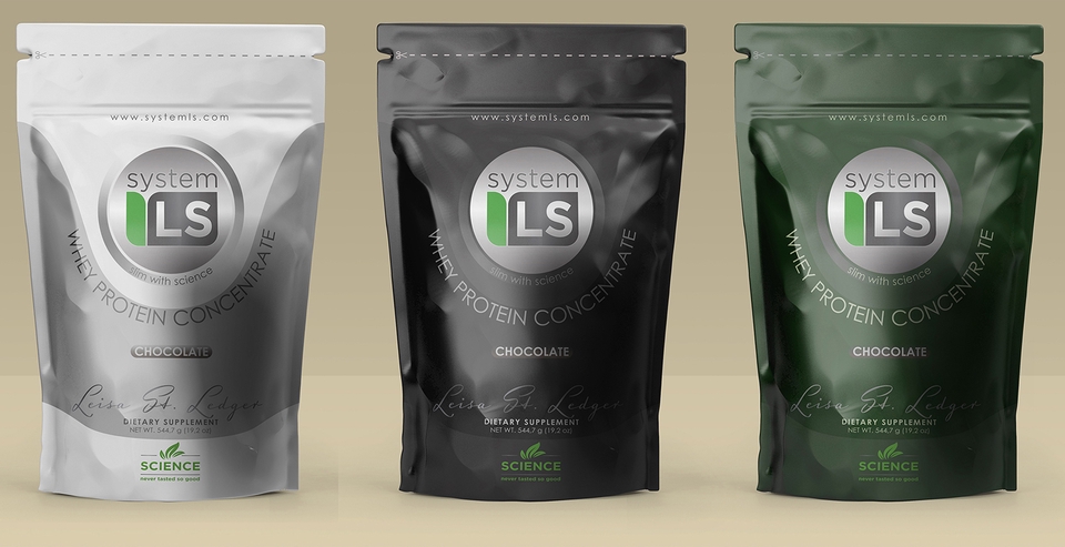 Jasa desain kemasan produk makanan dengan logo "System LS" dalam tiga pilihan warna: putih, hitam, dan hijau.