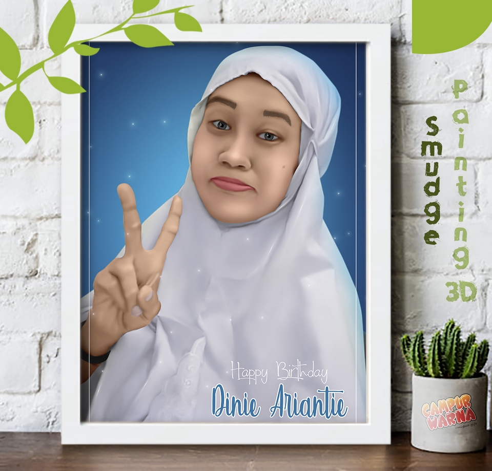 Jasa karikatur freelance, gambar karikatur wajah Dinie Ariantie dengan desain vektor berwarna untuk hadiah ulang tahun