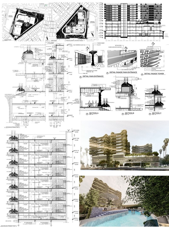 Jasa desain arsitektur dan interior bangunan minimalis modern dengan render 3D dan denah bangunan.