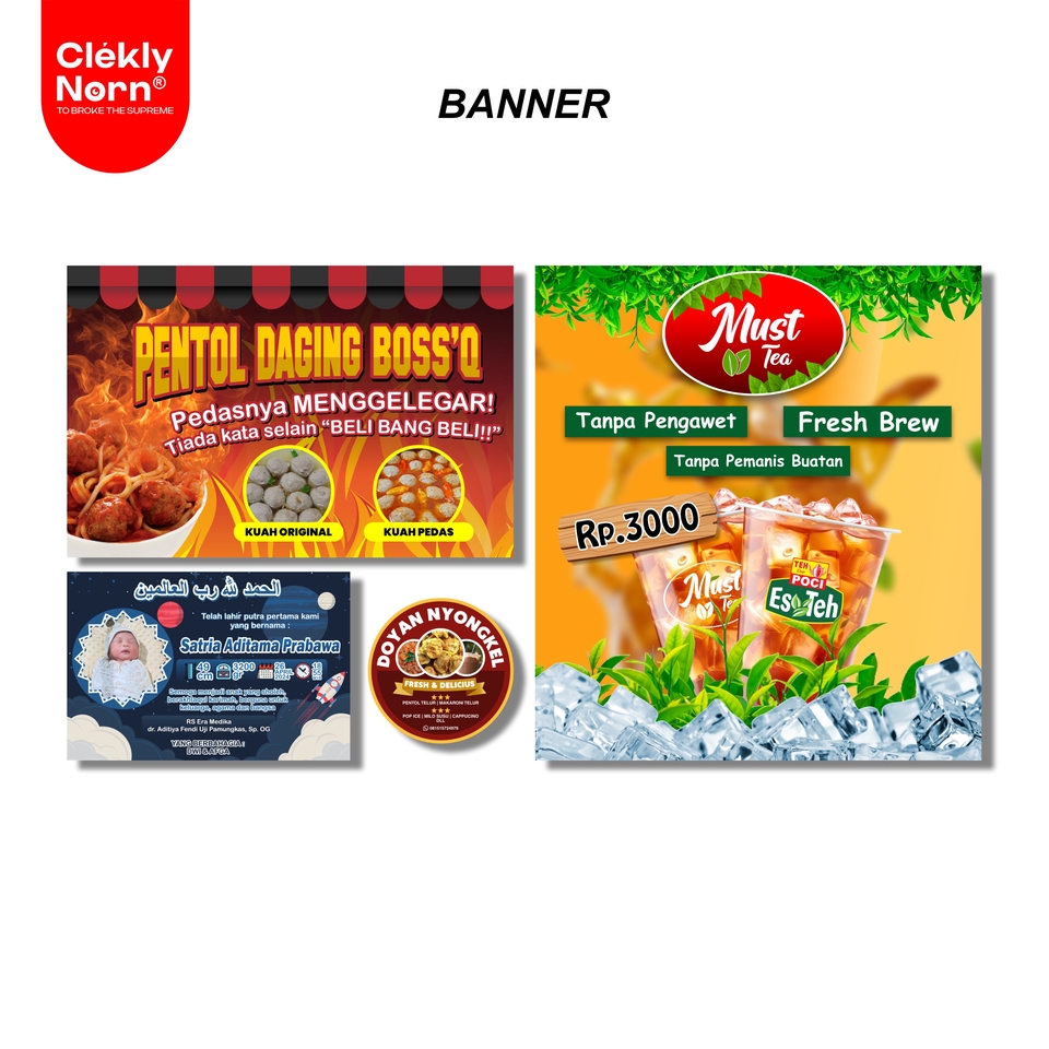 Desain banner toko makanan dengan tema pentol daging boss, banner makanan, desain banner online, jasa desain banner, harga desain banner.