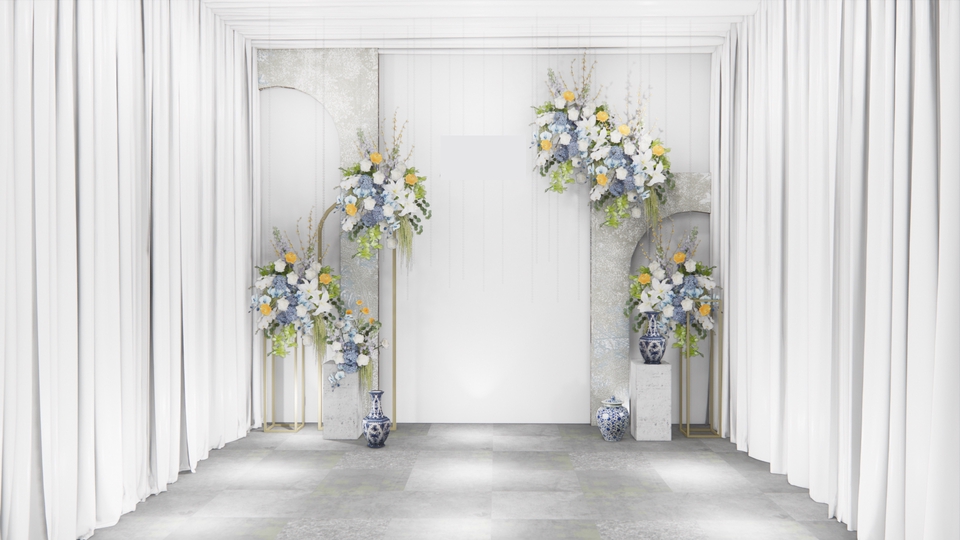 Dekorasi pernikahan dengan bunga biru dan kuning, untuk desain undangan pernikahan, desain backdrop pernikahan, dan desain dekorasi pernikahan.