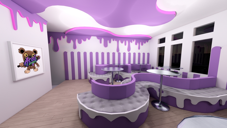 Jasa desain interior cafe minimalis dengan desain booth unik dan kursi nyaman, cocok untuk bisnis kuliner di Indonesia.