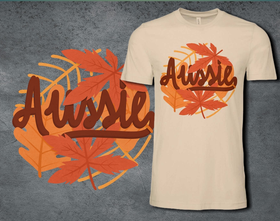 Desain kaos distro dengan motif daun bergaya kasual dengan tulisan "Aussie" yang keren dan modern.