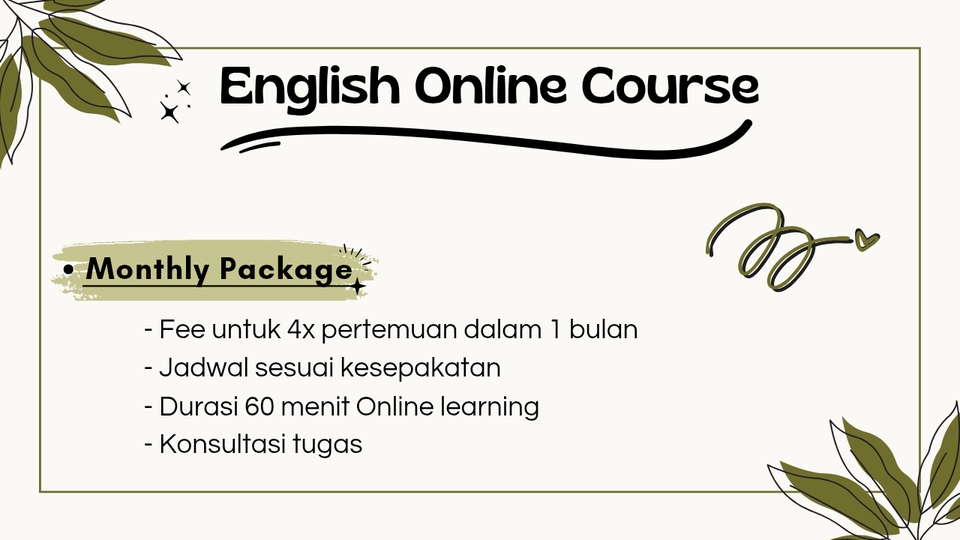 Kursus bahasa Inggris online paket bulanan dengan 4x pertemuan, jadwal fleksibel, dan durasi 60 menit.