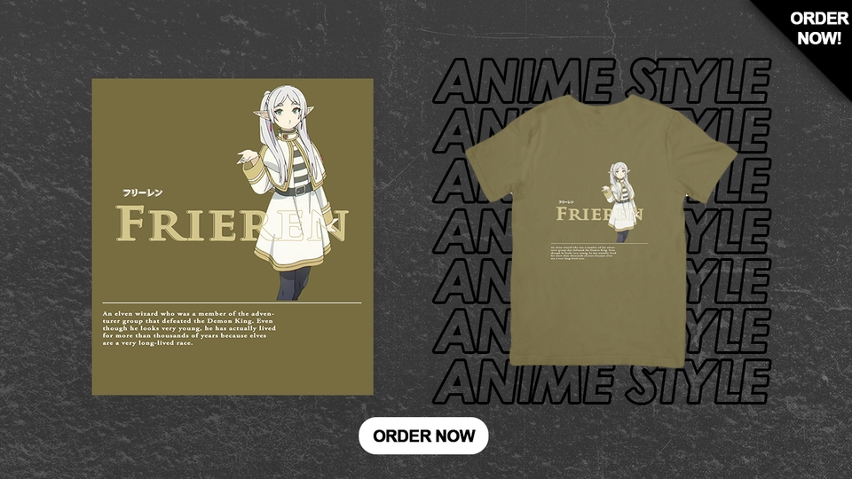 Desain kaos anime Frieda dengan desain yang keren dan unik, cocok untuk penggemar anime.