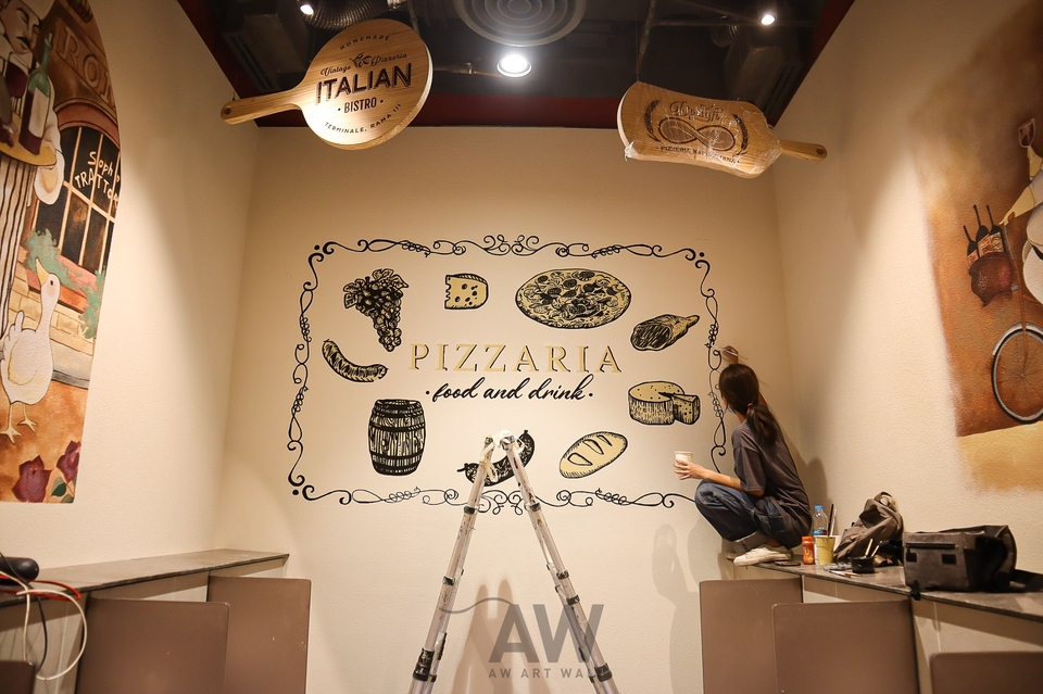 รับเพ้นท์ผนังร้านอาหารอิตาเลียน ภาพวาด 3 มิติ สวยงาม