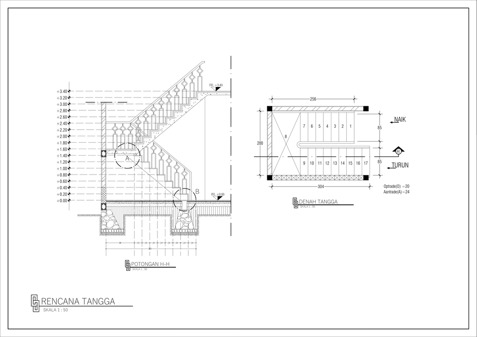 Jasa drafter arsitek dan interior untuk pembuatan gambar autocad tangga dengan detail ukuran dan denah tangga.
