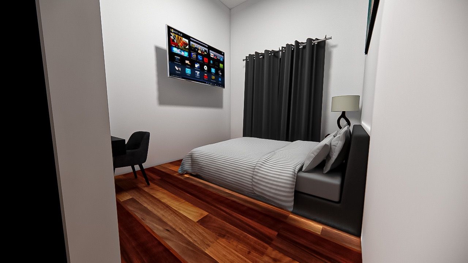 Desain interior kamar tidur minimalis modern dengan dekorasi simple dan elegan, cocok untuk hunian apartemen atau rumah.